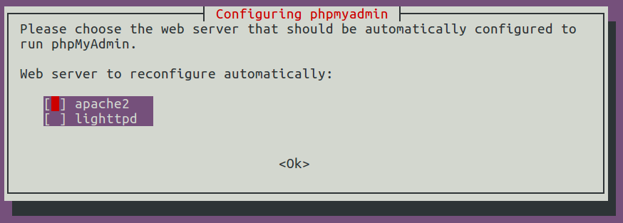 Select apache2 to work with PHPMyAdmin
