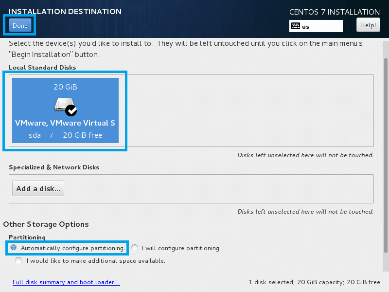 Select Harddisk to Install CentOS 7