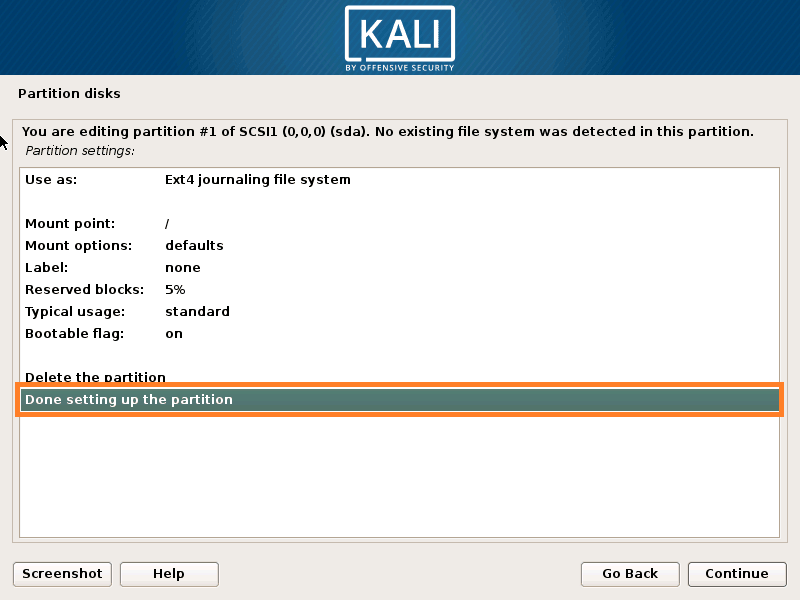 Finish Partition Creation