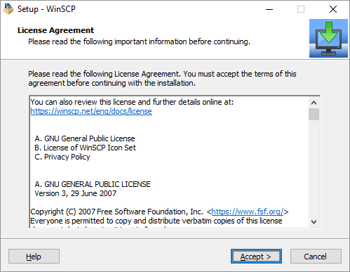 ACCEPT THE LICENSE AGREEMENT OF WINSCP CLIENT